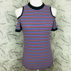 Open Shoulder Striped Short Sleeve Top